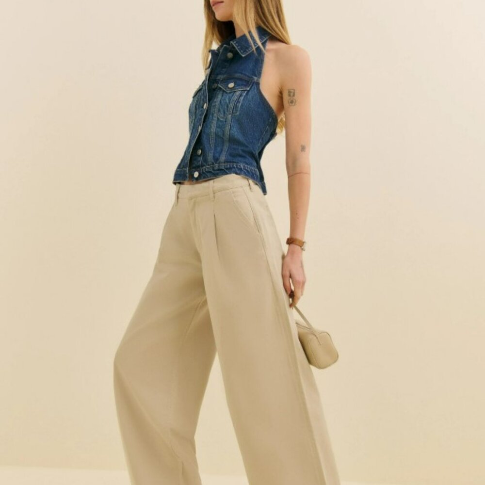 Reformation Malia Mid Rise Wide Leg Pleated Trouser Pants Brown - Size 26 - NWT